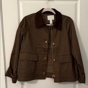H&M Army Green Utility Jacket with Brown Corduroy Collar